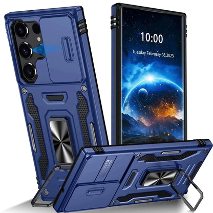 Mandotos Galaxy S23 Ultra case in navy with kickstand and camera cover for protection and secure grip.