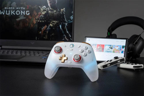 Mandotos GameSir Cyclone 2 wireless Bluetooth controller with hall effect joysticks for Nintendo Switch, iPhone, and Android devices.