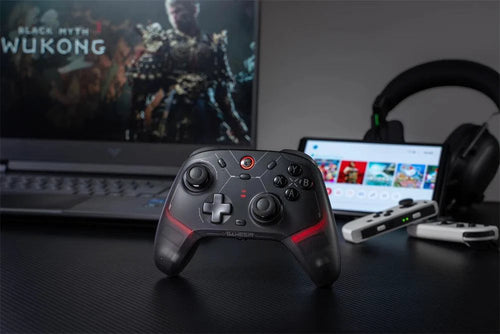 Mandotos GameSir Cyclone 2 wireless Bluetooth game controller with Hall Effect joystick for Nintendo Switch, iPhone, and Android devices.