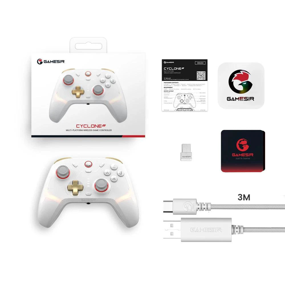 Mandotos GameSir Cyclone 2 wireless Bluetooth controller for Nintendo Switch, iPhone, Android with Hall Effect joystick and ergonomic design.