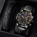 Mandotos men's classic leather watch with round dial, silver case, and black leather strap on a white background.