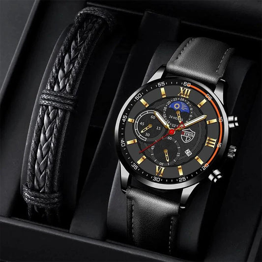 Mandotos men's classic leather watch with round dial, silver case, and black leather strap on a white background.