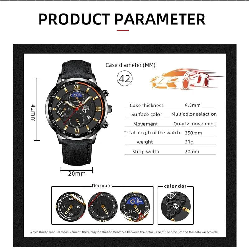Mandotos men's classic leather wristwatch with a round dial and brown leather strap, showcasing elegant timepiece design.