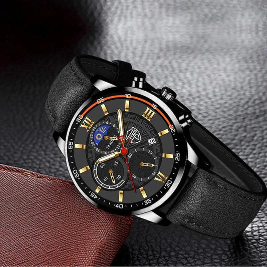 Gent's classic leather timepiece by MANDOTOS featuring a sleek watch face and leather strap.
