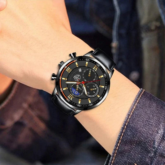Mandotos men's classic leather wristwatch with round dial and black leather strap, stylish and elegant timepiece for gentlemen.