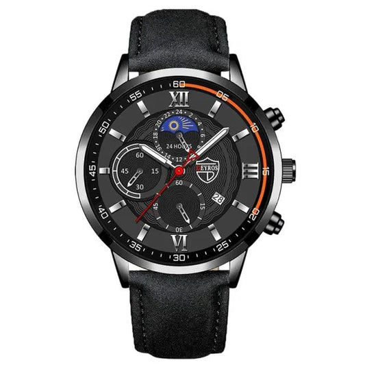 Gent's classic leather watch by MANDOTOS featuring a sleek round dial and brown leather strap.