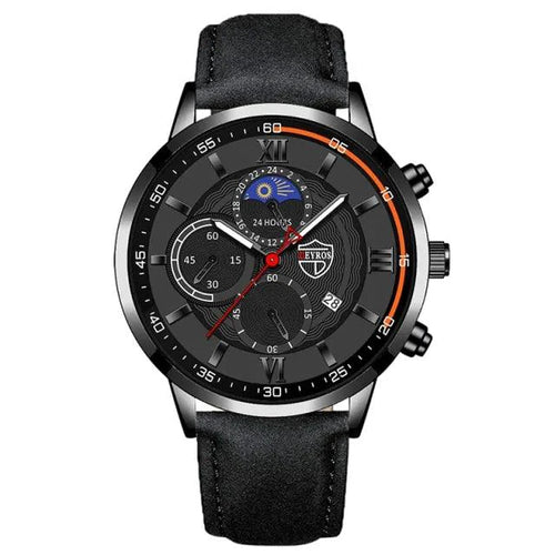 Mandotos men's classic leather wristwatch with black dial and silver case, stylish timepiece for everyday wear.