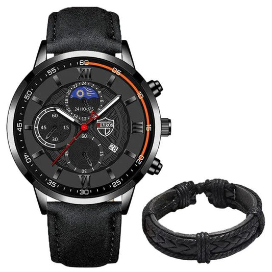 Gent's classic leather timepiece by MANDOTOS with a sleek round dial and brown leather strap.