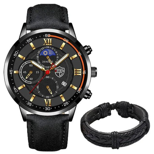 Mandotos men's classic leather watch with round face and black leather strap, stylish and elegant timepiece.