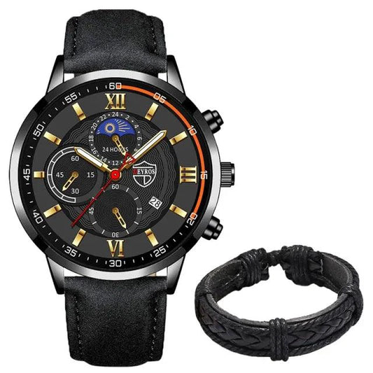 Mandotos men's classic leather watch with round face and black leather strap, stylish and elegant timepiece.