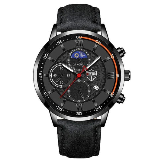 Mandotos men's classic leather watch with a round dial and black leather strap, showcasing elegant timepiece design.