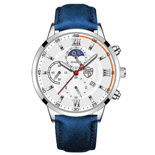 Mandotos men's classic leather watch with a round face, silver case, and black leather strap on a white background.
