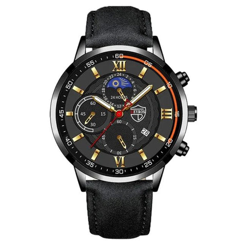 Mandotos men's classic leather watch with round dial and silver-tone case, featuring a black leather strap and minimalist design.