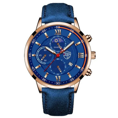 Mandotos men's classic leather watch with round dial and brown leather strap, elegant timepiece for everyday wear.