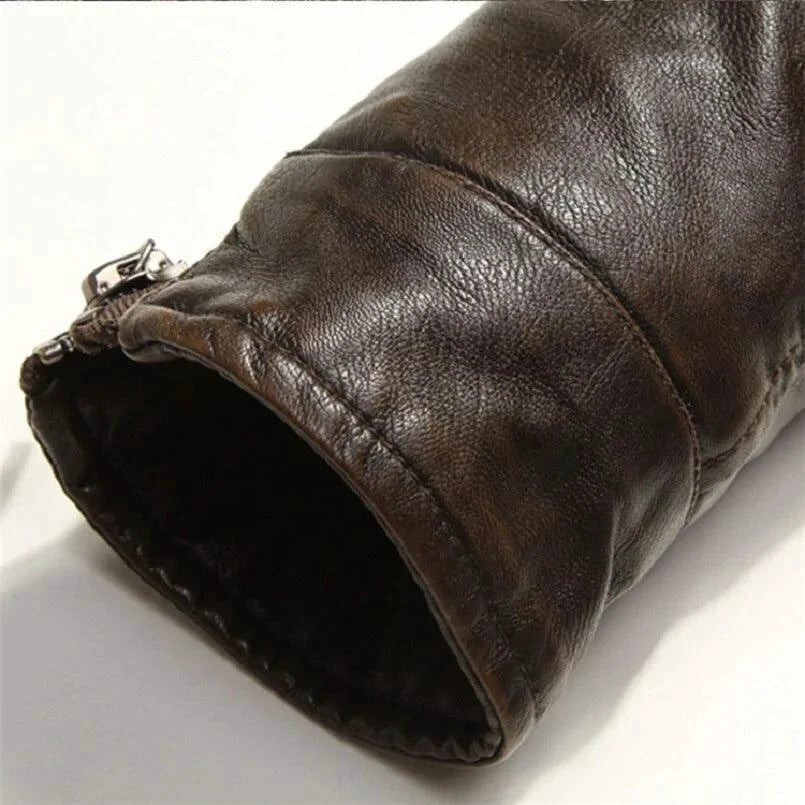 Mandotos men's leather outerwear jacket with a classic design, featuring smooth leather and a tailored fit.