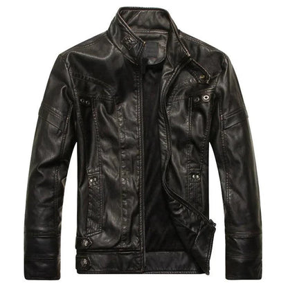 Mandotos men's leather outerwear featuring a classic design with a smooth brown leather finish and stylish collar.