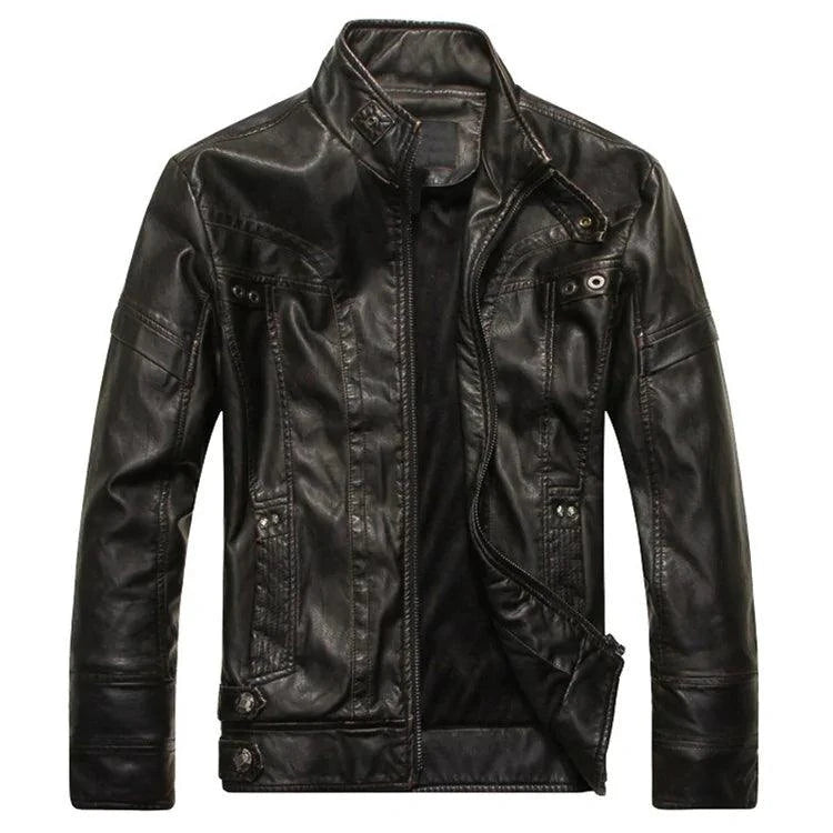 Mandotos men's leather outerwear featuring a sleek, rugged design with a classic collar and front zipper closure.