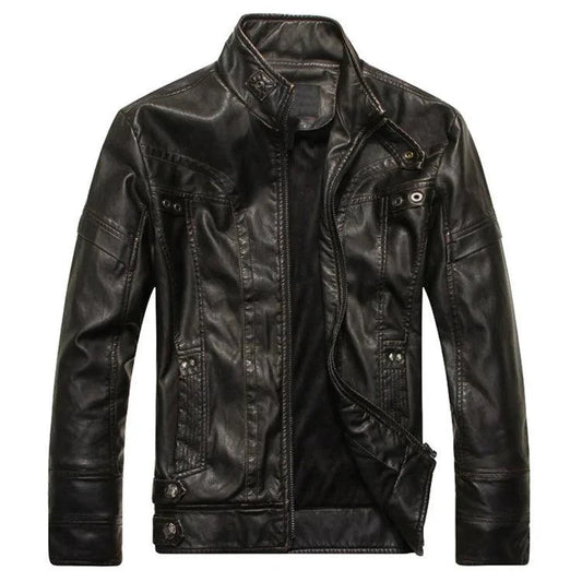 Mandotos men's leather outerwear displayed on a hanger, showcasing a classic, stylish leather jacket with a smooth finish.