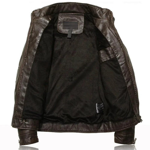Mandotos men's leather outerwear jacket with a sleek design, visible stitching, and classic collar for stylish outdoor wear.