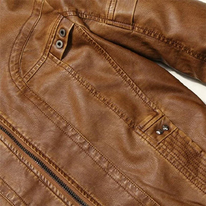 Gentlemen’s black leather outerwear by MANDOTOS, stylish men's leather jacket with a sleek design and classic collar.