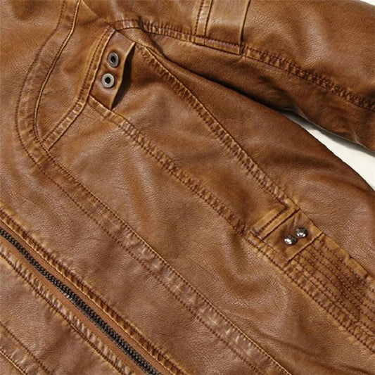 Gentlemen’s black leather outerwear by MANDOTOS, stylish men's leather jacket with a sleek design and classic collar.