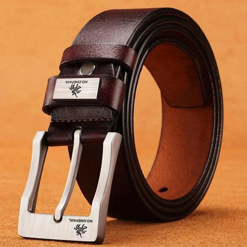 Genuine leather men's casual belt with buckle, cowhide design, MANDOTOS high-quality cowboy-style waist belt for fashion and business.