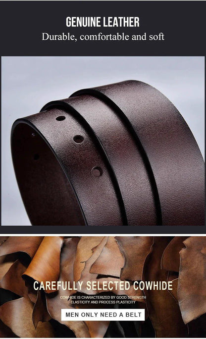 Genuine leather men's casual belt with metal buckle, cowhide design, suitable for jeans and business wear by MANDOTOS.