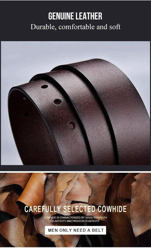 Genuine leather men's casual belt with metal buckle, cowhide design, suitable for jeans and business wear by MANDOTOS.