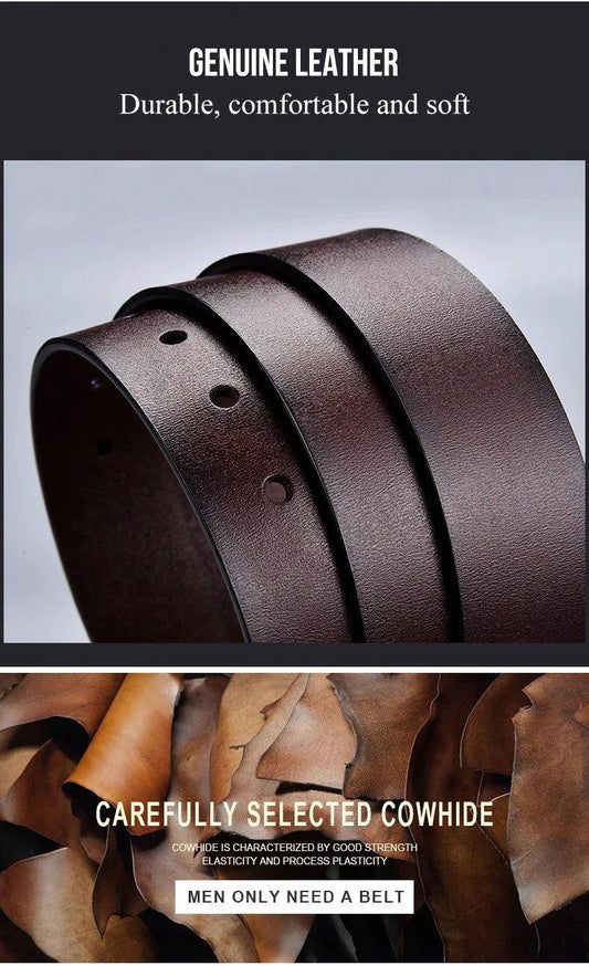 Genuine leather men's casual belt with metal buckle, cowhide design, suitable for jeans and business wear by MANDOTOS.