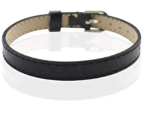 Close-up of a genuine leather slider bracelet with metal accents from MANDOTOS, showing its adjustable strap and sleek design.