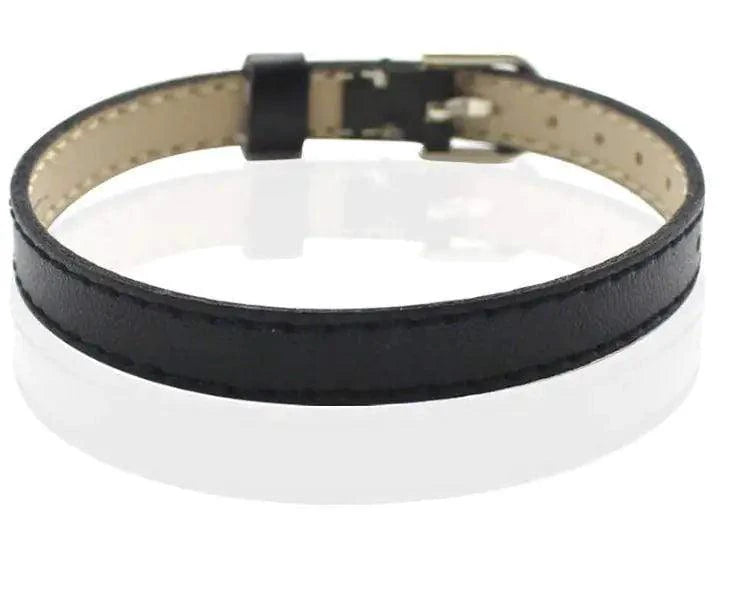 Genuine leather slider bracelet by MANDOTOS featuring adjustable design and stylish metal accents, close-up view of the bracelet.