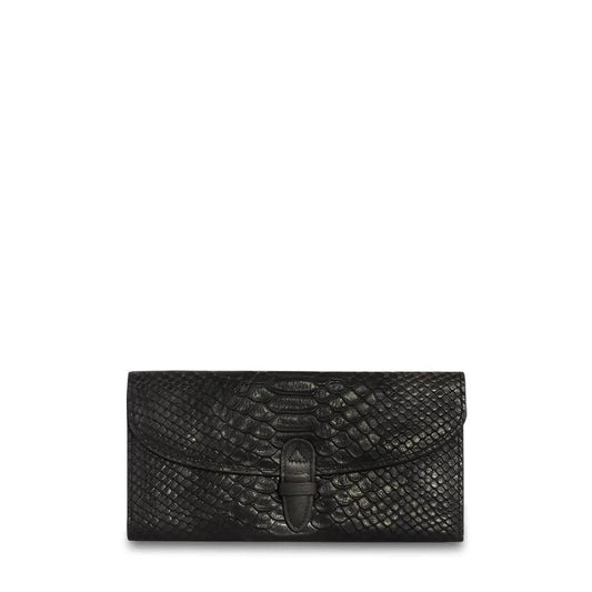Black genuine leather wallet with removable pouch from MANDOTOS, featuring multiple card slots and a sleek, compact design.