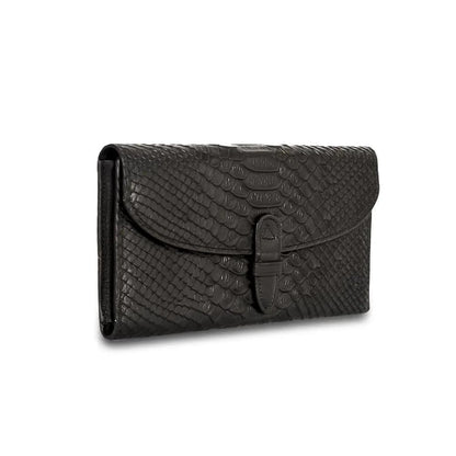 Black genuine leather wallet with removable pouch by MANDOTOS, showing the sleek design and textured leather surface.