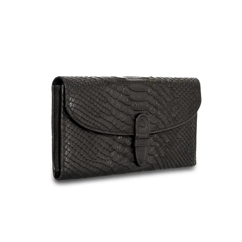 Black genuine leather wallet with removable pouch by MANDOTOS, showing the sleek design and textured leather surface.