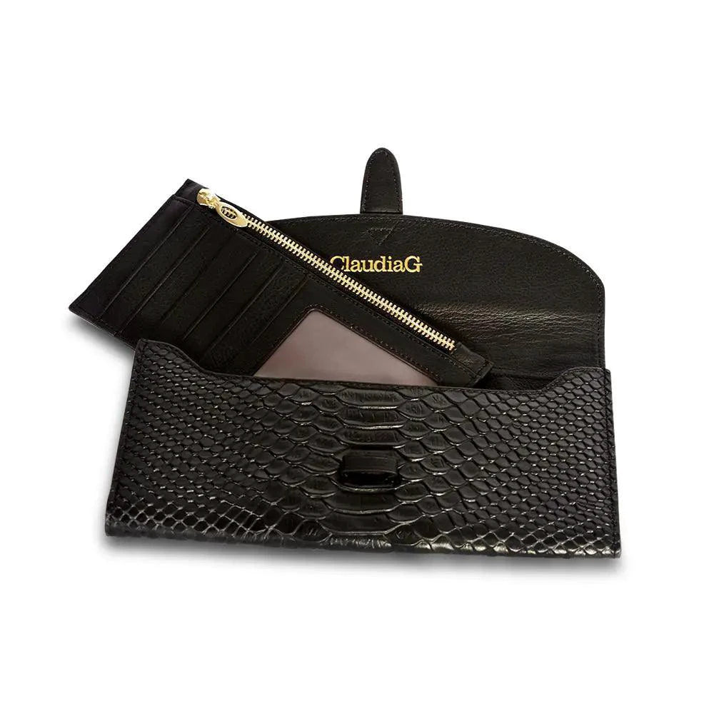 Black genuine leather wallet with removable pouch from MANDOTOS, featuring multiple card slots and a sleek, stylish design.