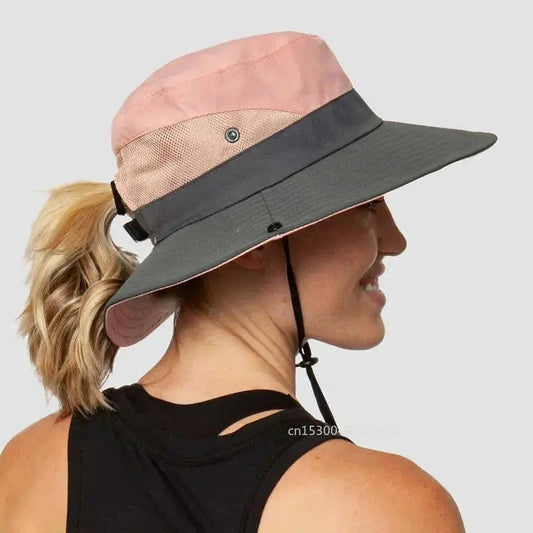Girls' Ponytail UV Shield Sun Hat by MANDOTOS with wide brim and adjustable strap, designed for sun protection and comfort.
