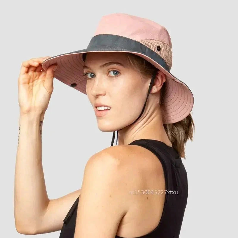 Girls' Ponytail UV Shield Sun Hat by MANDOTOS with wide brim and adjustable strap, offering sun protection for outdoor play.