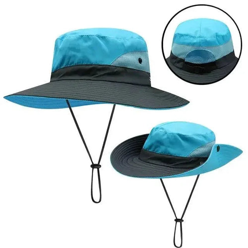 Girls' UV shield sun hat with ponytail opening by MANDOTOS, lightweight and protective for outdoor sun protection.
