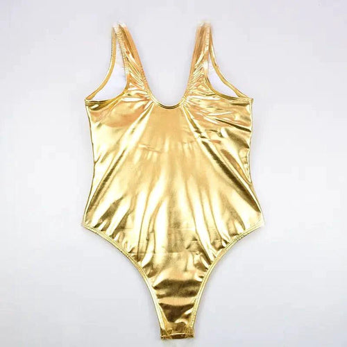 Glam Gold and Silver Metallic Swimsuit by MANDOTOS featuring shiny, reflective fabric and a stylish fitted design.