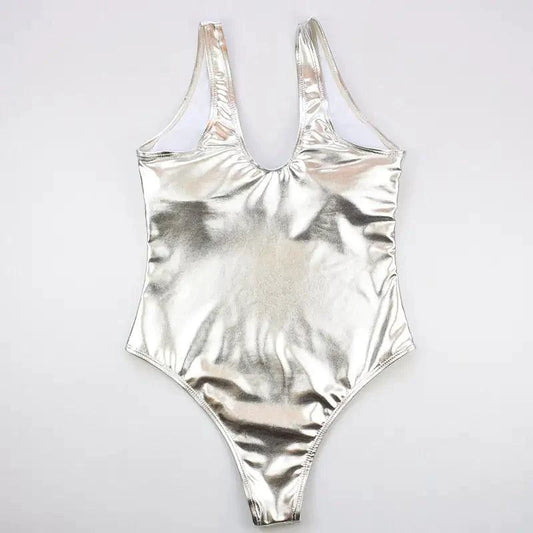 Mandotos Glam Gold and Silver Metallic Swimsuit featuring shiny fabric and a stylish cut, displayed on a mannequin.