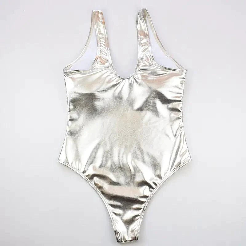 Mandotos Glam Gold and Silver Metallic Swimsuit featuring shiny fabric and a stylish cut, displayed on a mannequin.