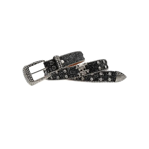 Mandotos Glitzy Skull Fashion Belt featuring a shiny skull buckle and black leather strap, stylish accessory for edgy outfits.