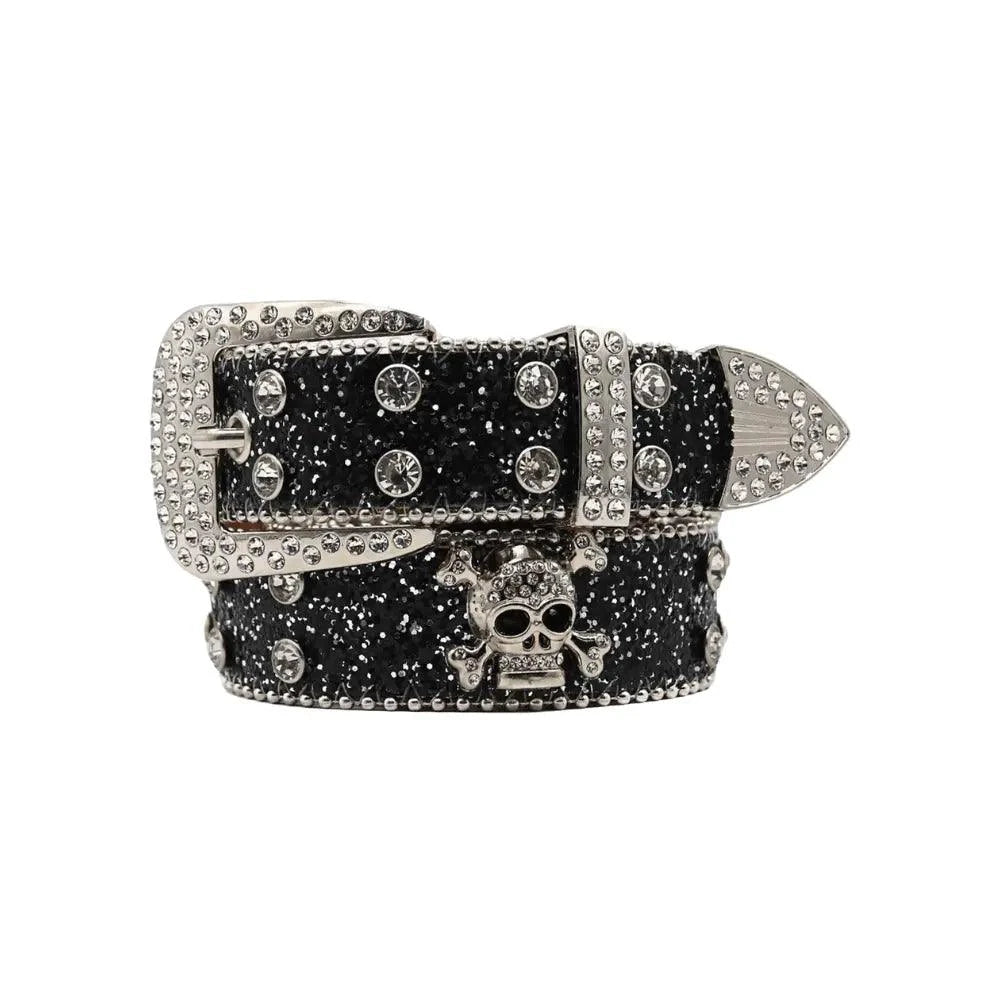 Glitzy Skull Fashion Belt by MANDOTOS featuring a sparkling skull design on a stylish black belt.