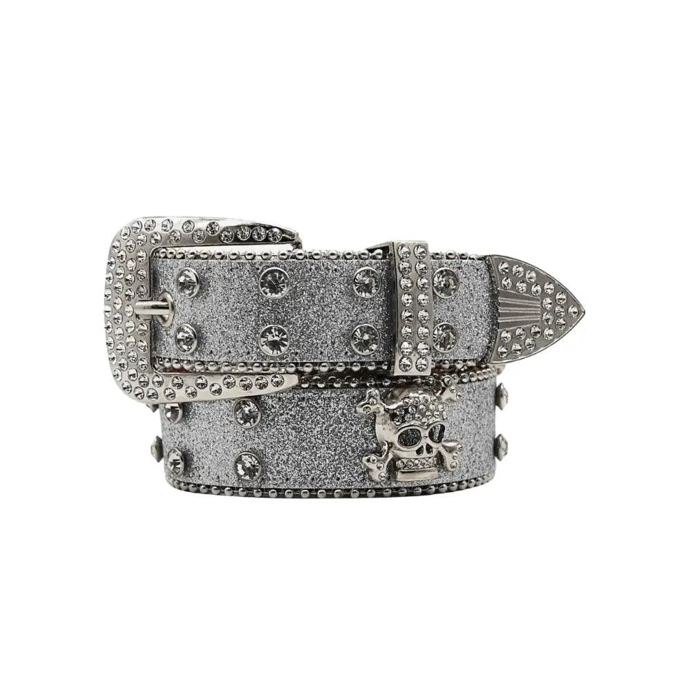 Mandotos Glitzy Skull Fashion Belt with sparkling embellishments, featuring a skull buckle design and adjustable strap.