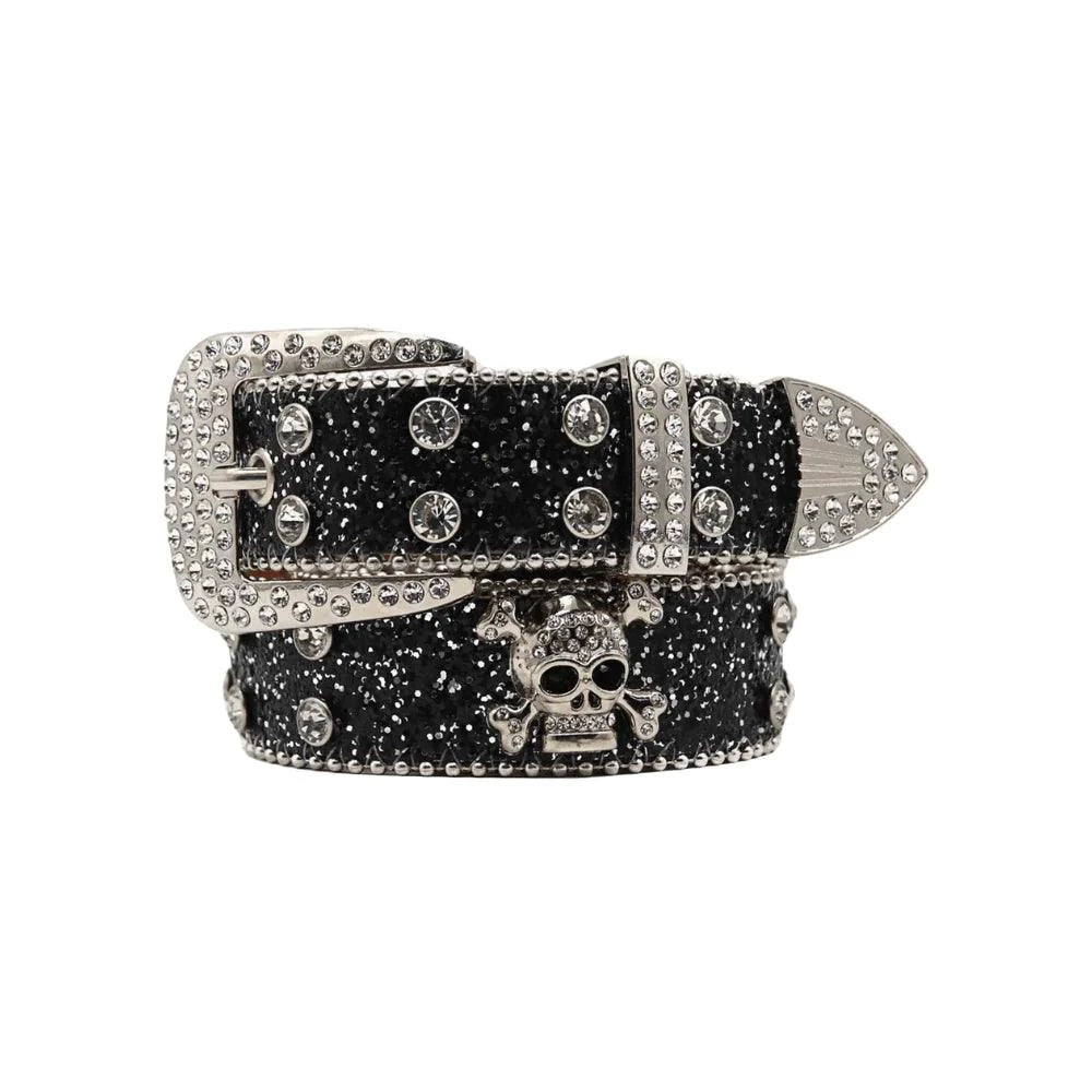 Mandotos Glitzy Skull Fashion Belt with sparkling embellishments and black strap, stylish accessory for edgy outfits.