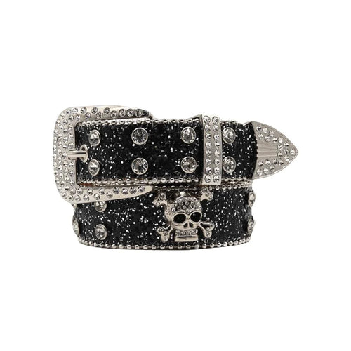 Mandotos Glitzy Skull Fashion Belt with sparkling embellishments and black strap, stylish accessory for edgy outfits.
