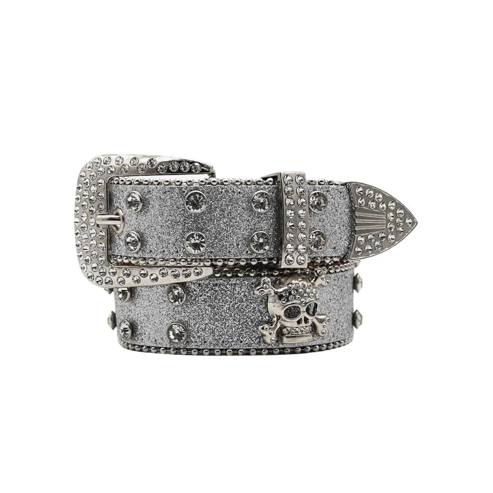 Glitzy Skull fashion belt from MANDOTOS featuring sparkling embellishments and a bold skull buckle design.