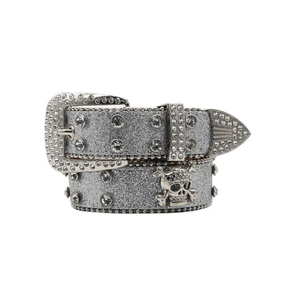 Glitzy Skull fashion belt from MANDOTOS featuring sparkling embellishments and a bold skull buckle design.