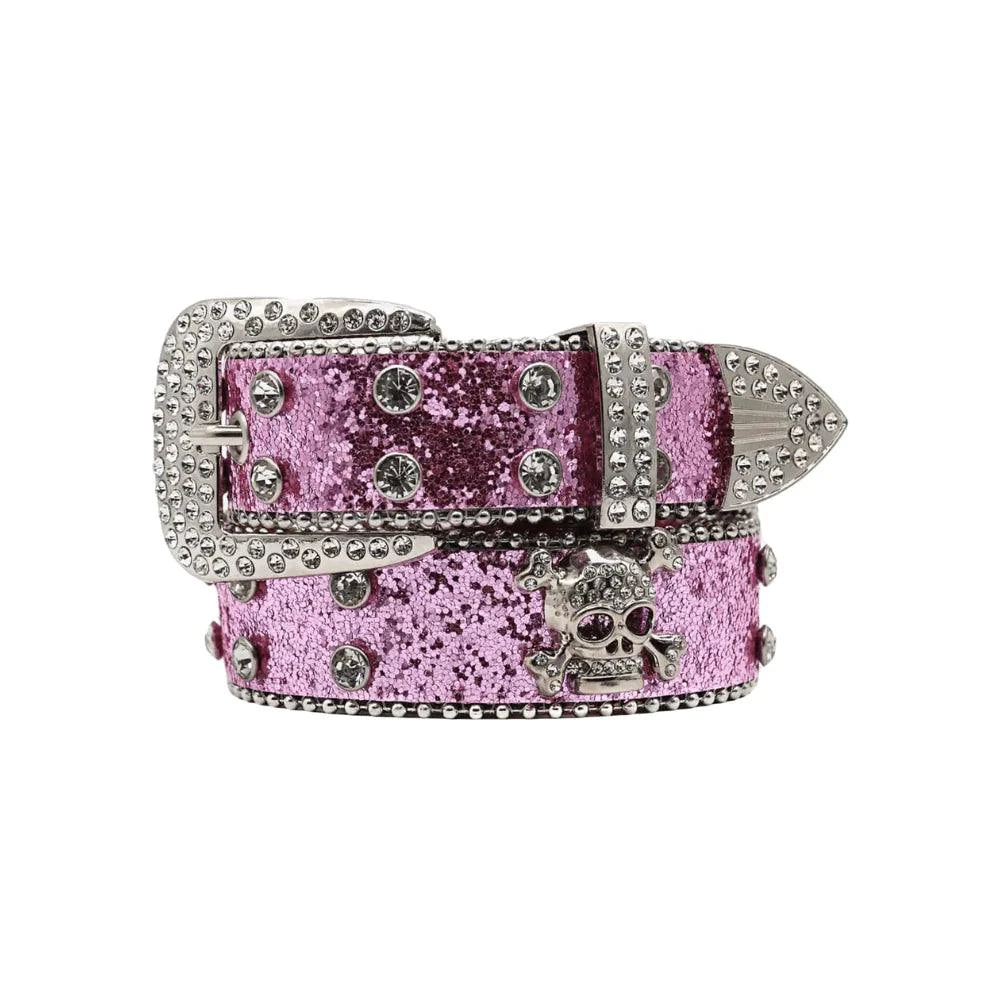 Mandotos Glitzy Skull Fashion Belt with shiny embellishments, featuring a skull buckle and adjustable strap for a bold, stylish look.