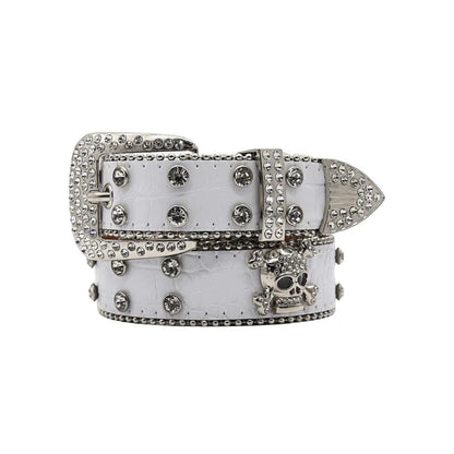 Silver glitzy skull fashion belt by MANDOTOS featuring a bold skull buckle and stylish design for edgy accessories.